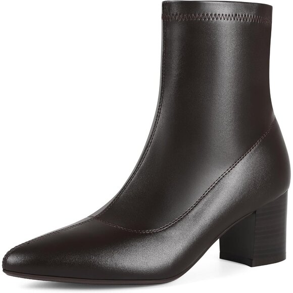 Shoes - Women's Brown Ankle Boots Pointed Toe Chunky Block Heel Short Comfortable